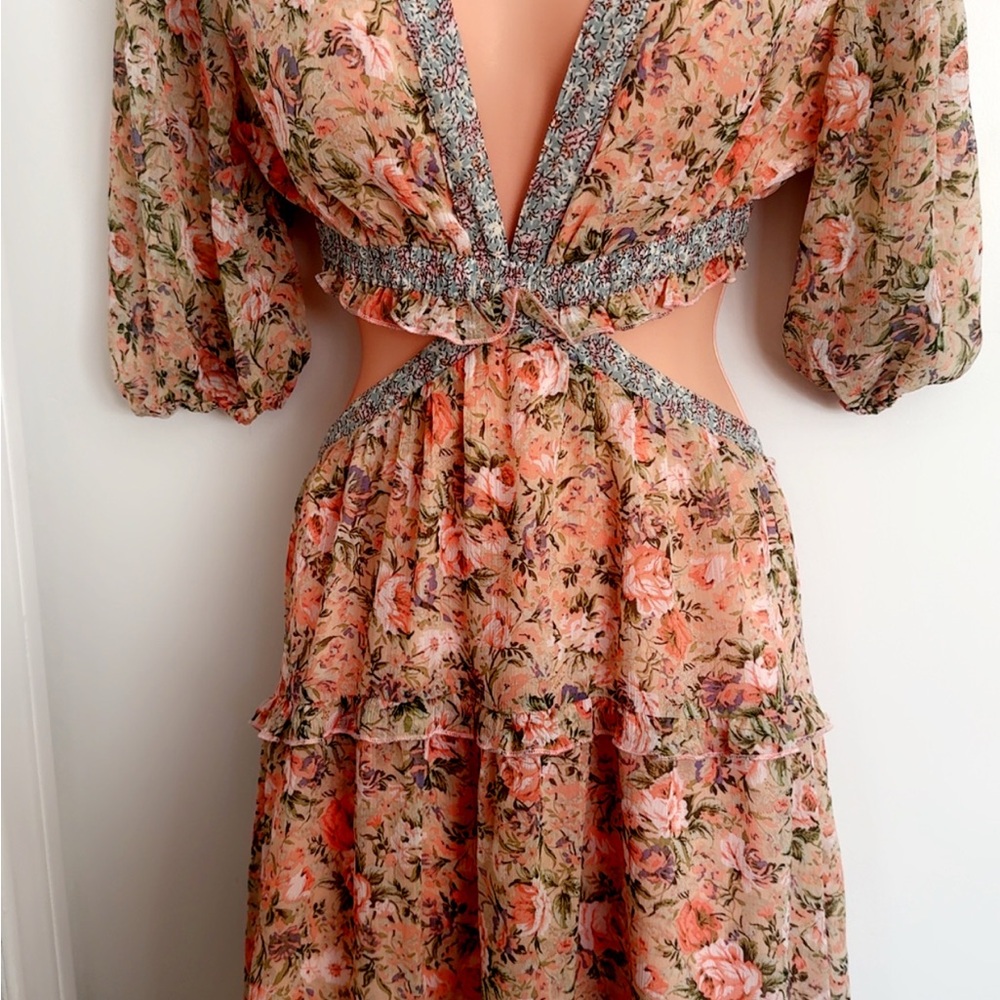 Floral Peach Cutout Maxi Dress with Smocked Trim